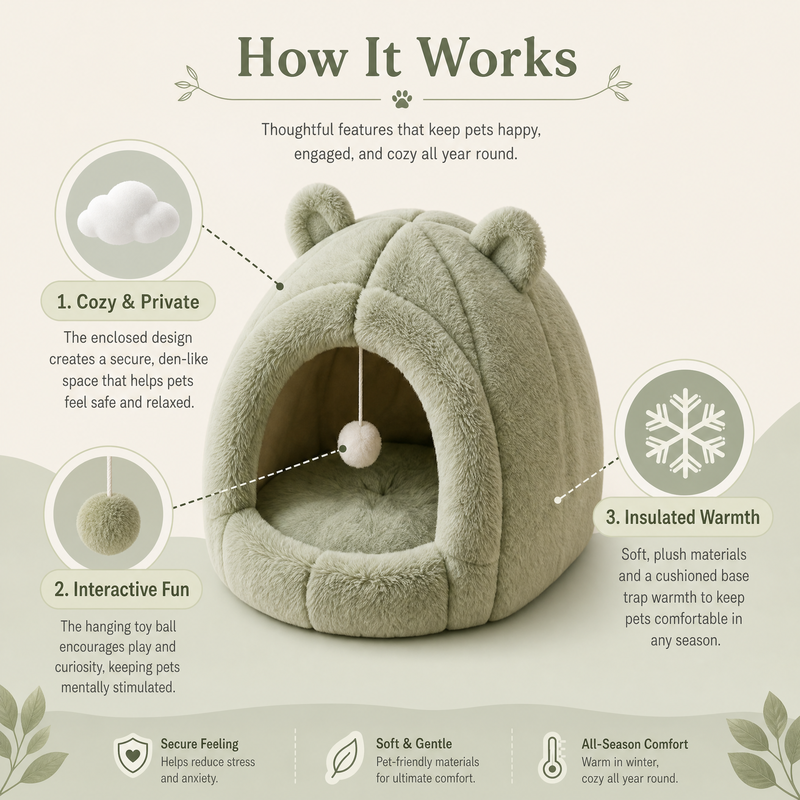 Cozy Plush Hooded Pet Bed for Cats & Small Dogs โ Soft Calming Cave with Hanging Toy Ball