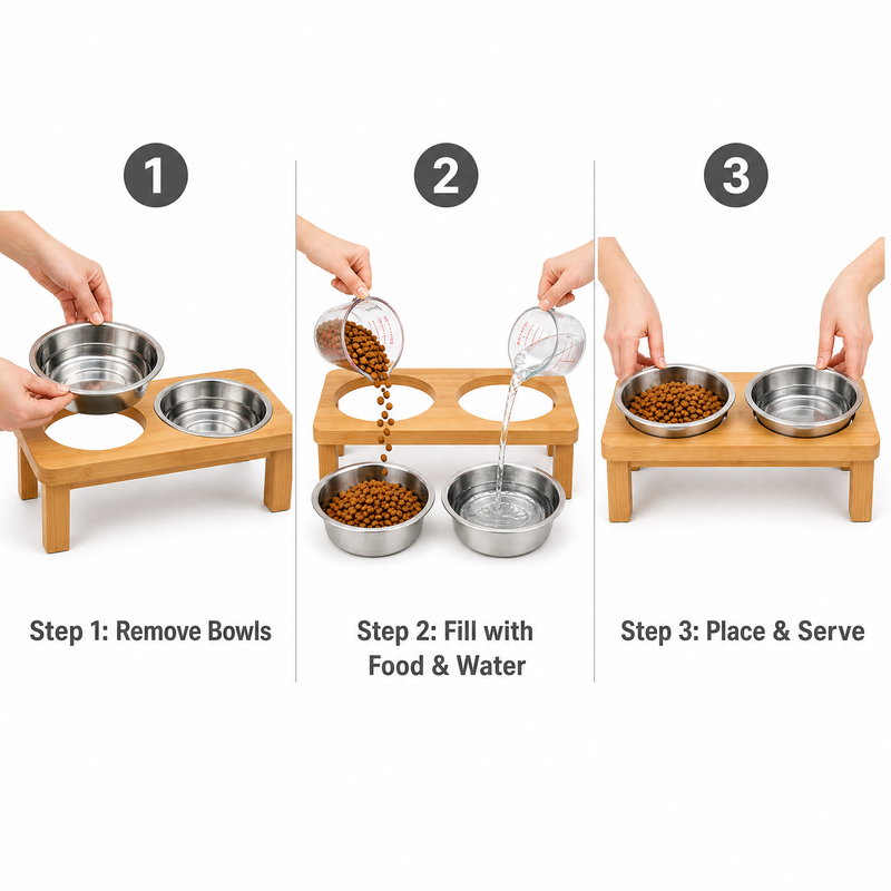 Elevated Bamboo Double Pet Feeder with Stainless Steel Bowls