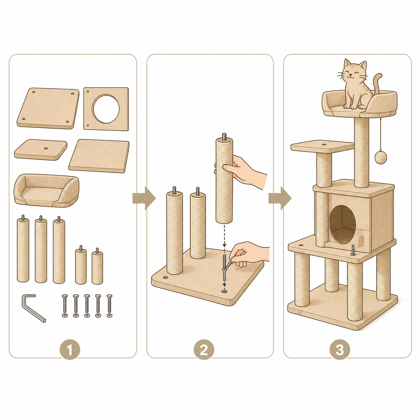 Modern Multi-Level Wood Cat Tree with Cozy Condo & Sisal Scratching Posts