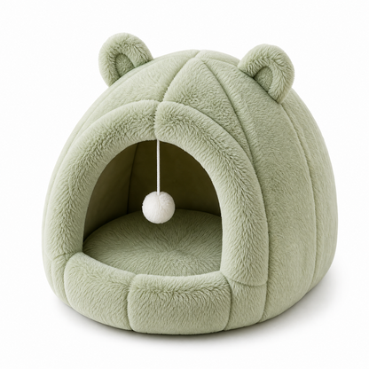 Cozy Plush Hooded Pet Bed for Cats & Small Dogs – Soft Calming Cave with Hanging Toy Ball