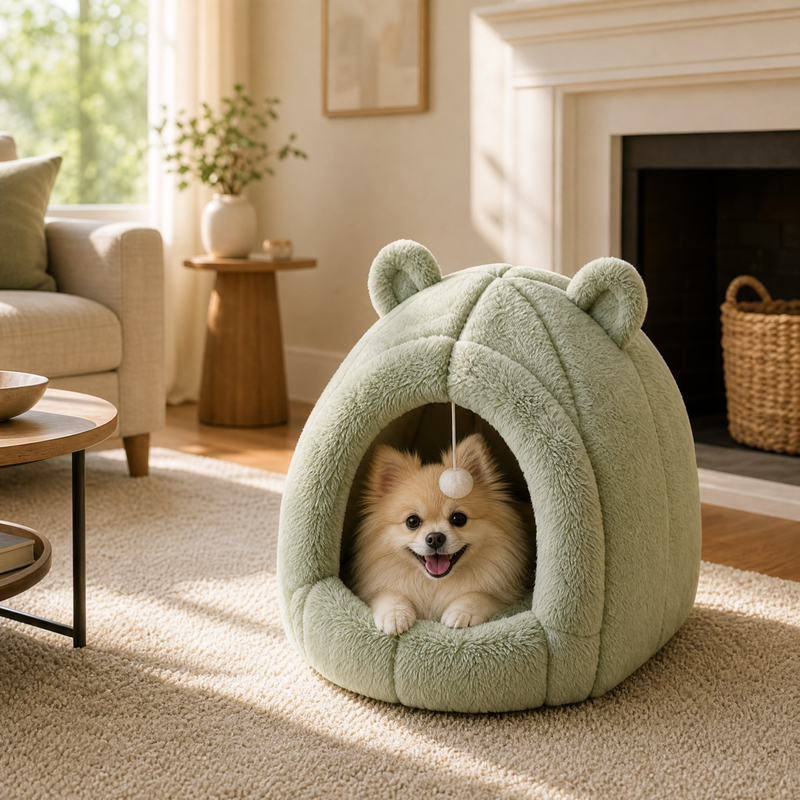 Cozy Plush Hooded Pet Bed for Cats & Small Dogs – Soft Calming Cave with Hanging Toy Ball
