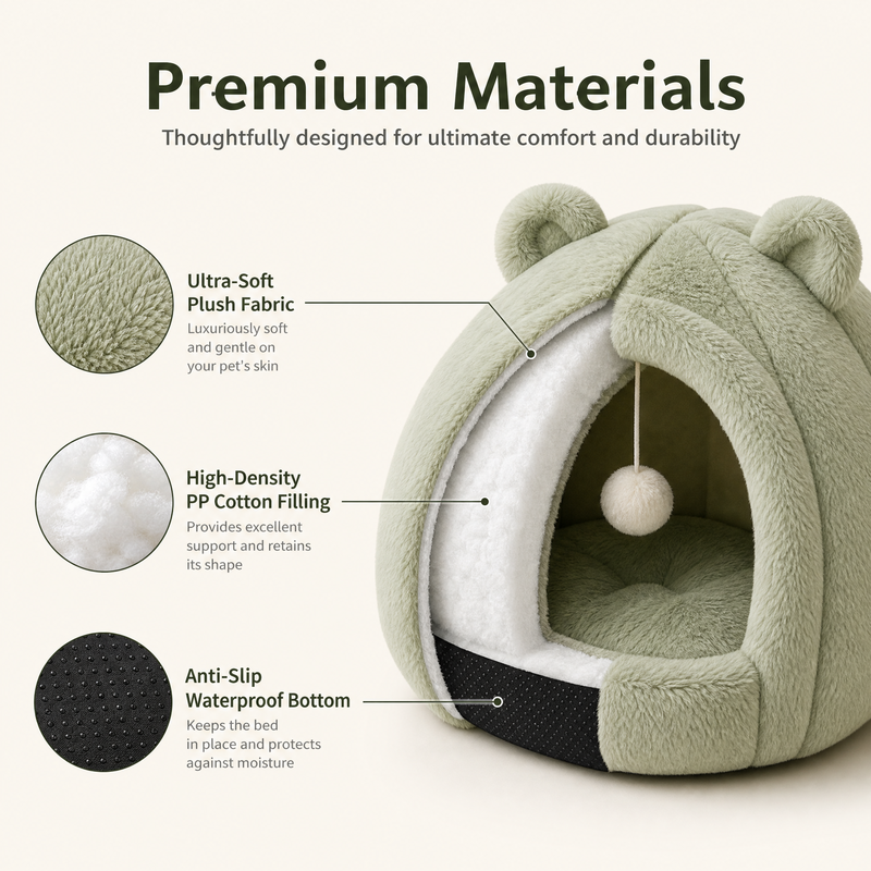 Cozy Plush Hooded Pet Bed for Cats & Small Dogs – Soft Calming Cave with Hanging Toy Ball