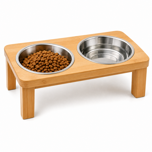 Elevated Bamboo Double Pet Feeder with Stainless Steel Bowls