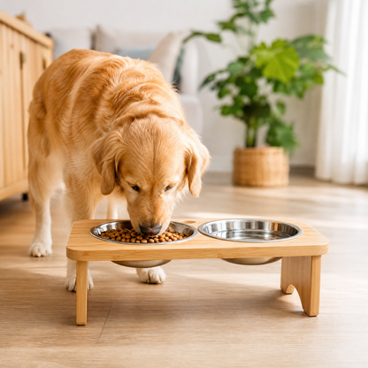 Elevated Bamboo Double Pet Feeder with Stainless Steel Bowls