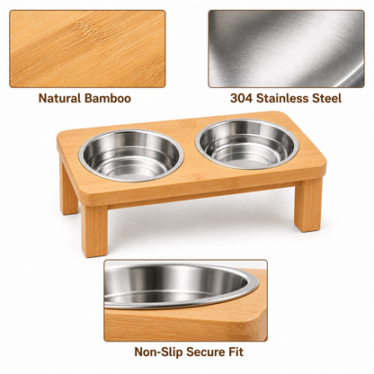 Elevated Bamboo Double Pet Feeder with Stainless Steel Bowls