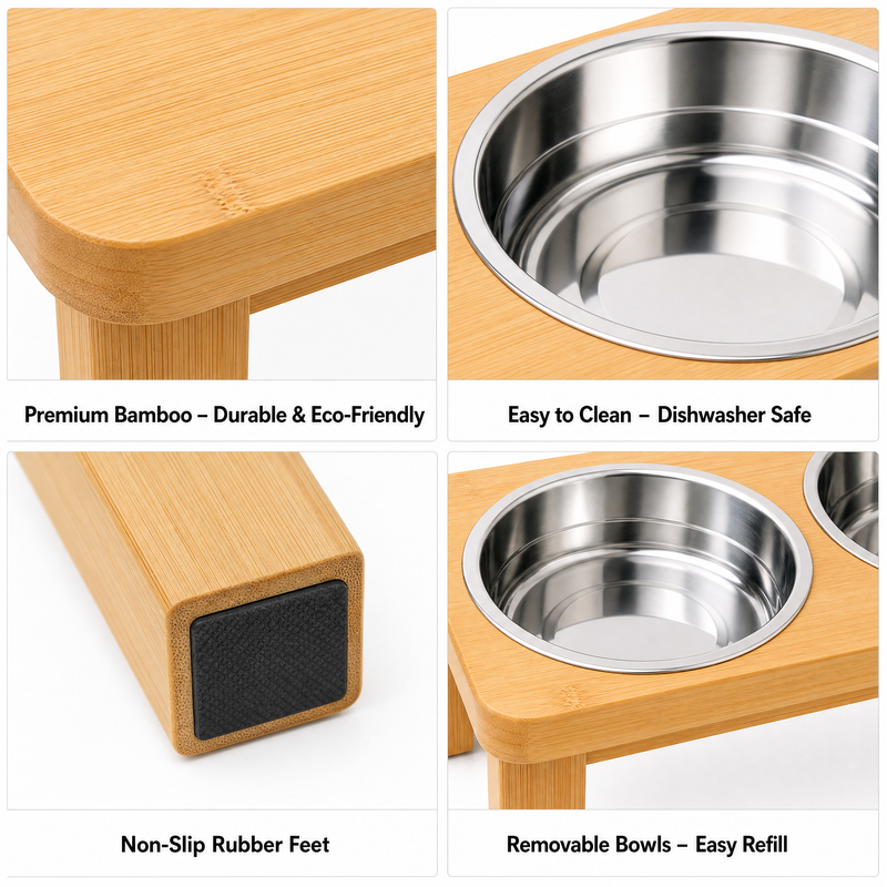 Elevated Bamboo Double Pet Feeder with Stainless Steel Bowls