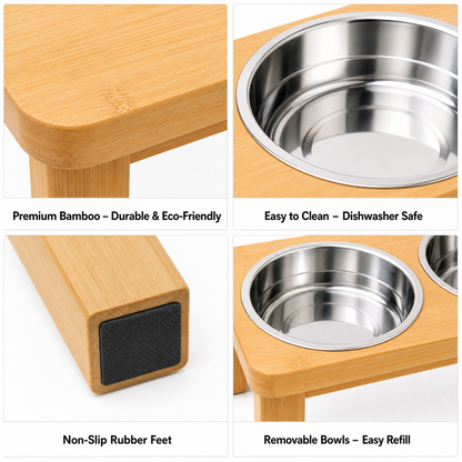 Elevated Bamboo Double Pet Feeder with Stainless Steel Bowls