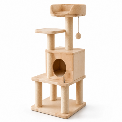 Modern Multi-Level Wood Cat Tree with Cozy Condo & Sisal Scratching Posts