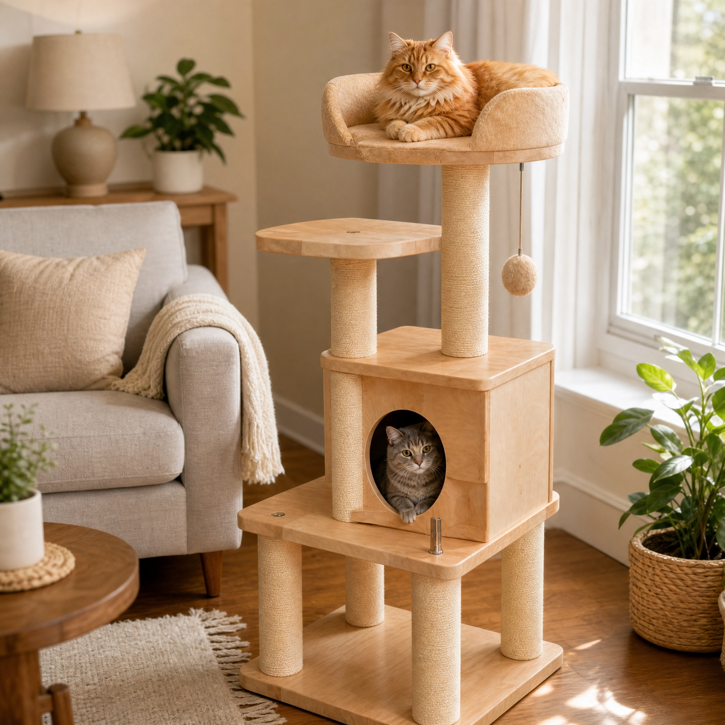 Modern Multi-Level Wood Cat Tree with Cozy Condo & Sisal Scratching Posts