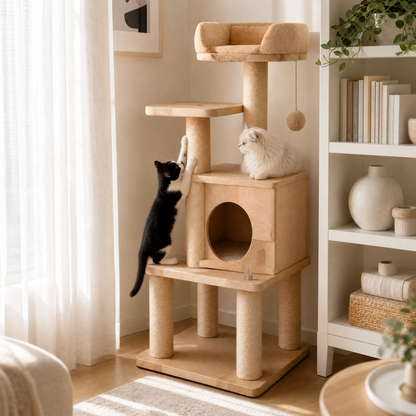 Modern Multi-Level Wood Cat Tree with Cozy Condo & Sisal Scratching Posts