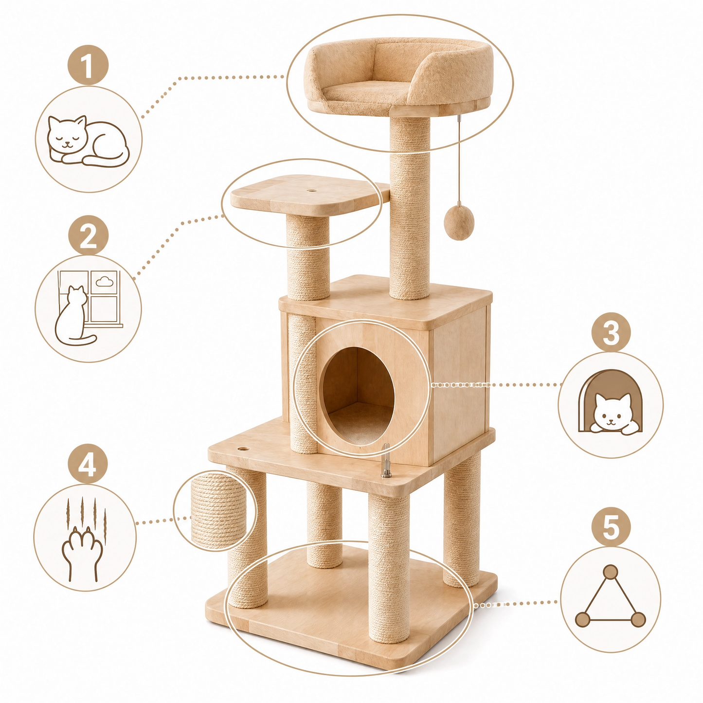 Modern Multi-Level Wood Cat Tree with Cozy Condo & Sisal Scratching Posts